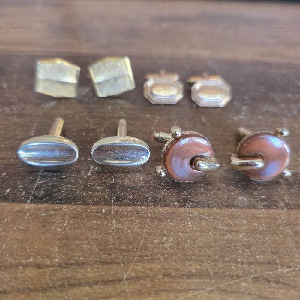 Assorted Cuff Links Lot of 4 Sets Gold Tone Silver Tone Oval Square Round Shapes